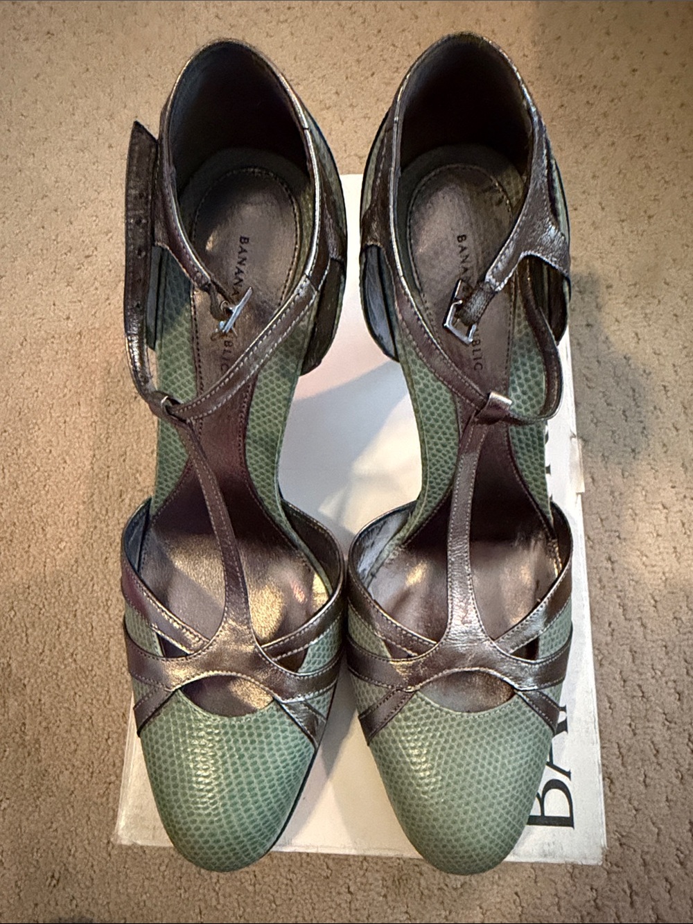 Banana Republic Olive Green & Brown T-Strap Heels